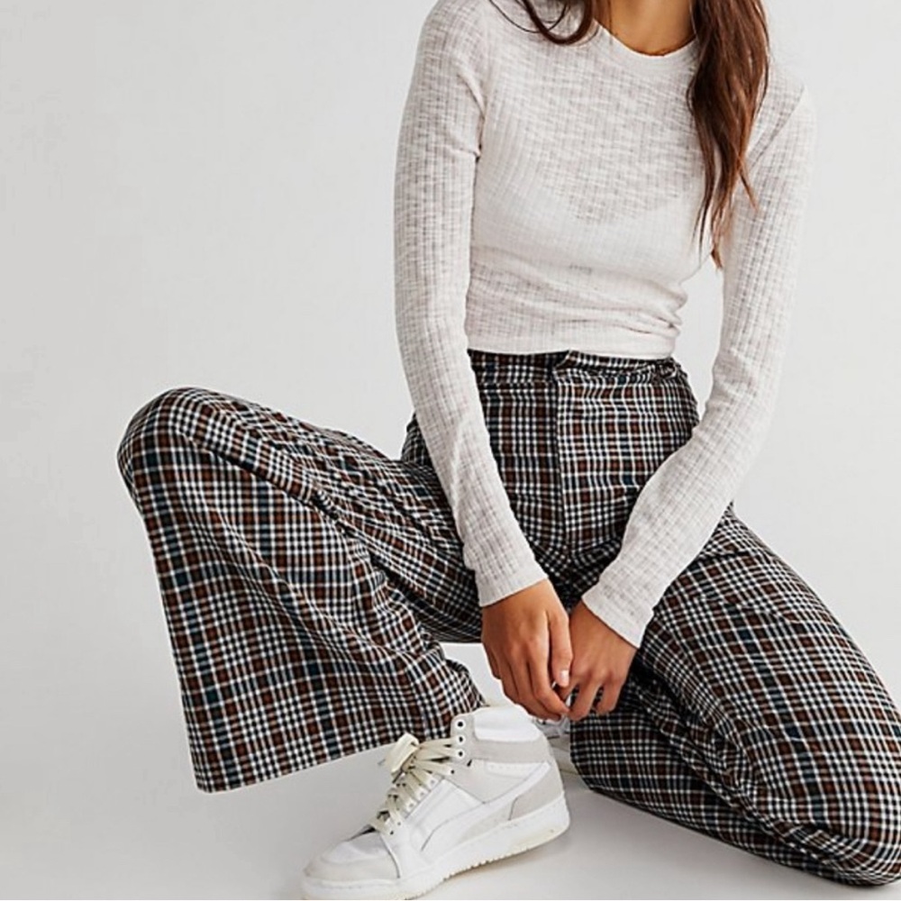 Free People High-Waist Wide Leg Plaid Pants in Black, Brown & White